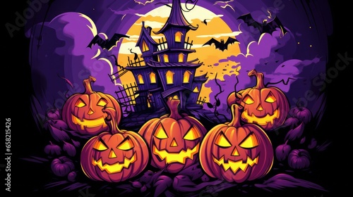 Halloween Haunted House Graphic Tee with Pumpkin Heads and Violet Background