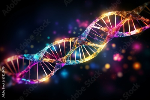 Illustration of fragment of multicolored DNA molecule composed of polynucleotide chains glowing against dark background. Generative AI photo