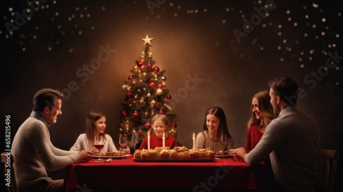 photo of happy family at christmas dinner in the style of minimalist backgrounds