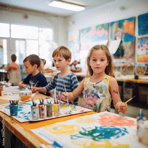 Kids painting with watercolors at school