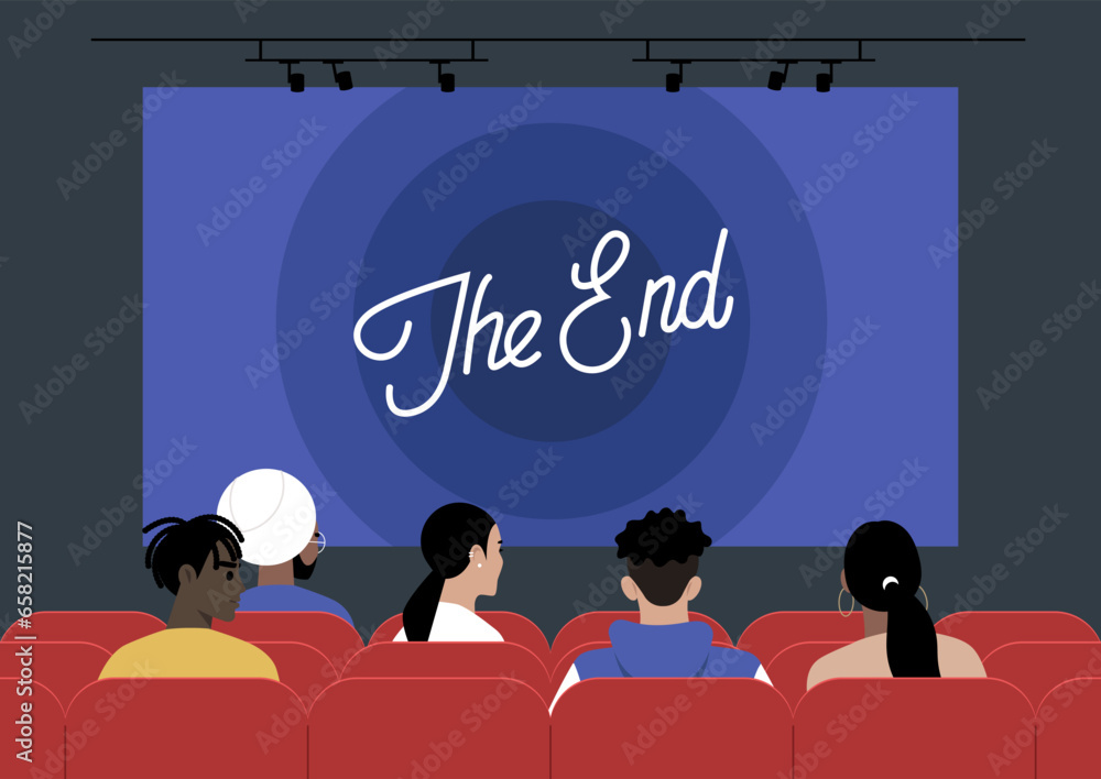 A cinema movie screen displaying The End signage, encompassing the realm of art and entertainment, with people seated on red-upholstered chairs - obrazy, fototapety, plakaty 