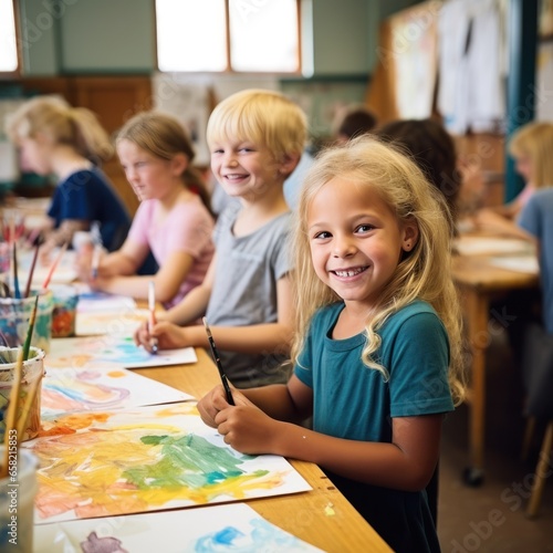 Kids painting with watercolors at school