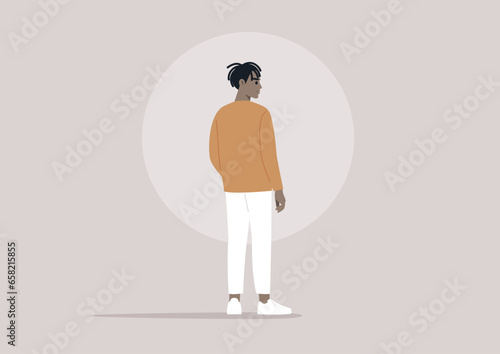 A three-quarter full-body portrait of a young character, captured from their back while they are standing