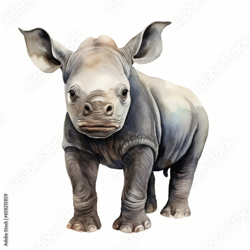 Watercolor Baby Rhinoceros isolated on white background 