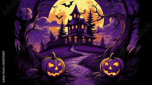 Halloween Haunted House Graphic Tee with Pumpkin Heads and Violet Background