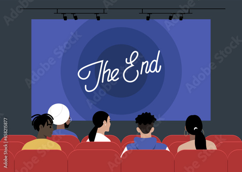 A cinema movie screen displaying The End signage, encompassing the realm of art and entertainment, with people seated on red-upholstered chairs