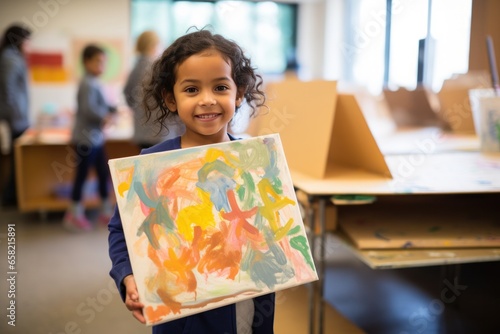Child artist showing off their masterpiece to the camera