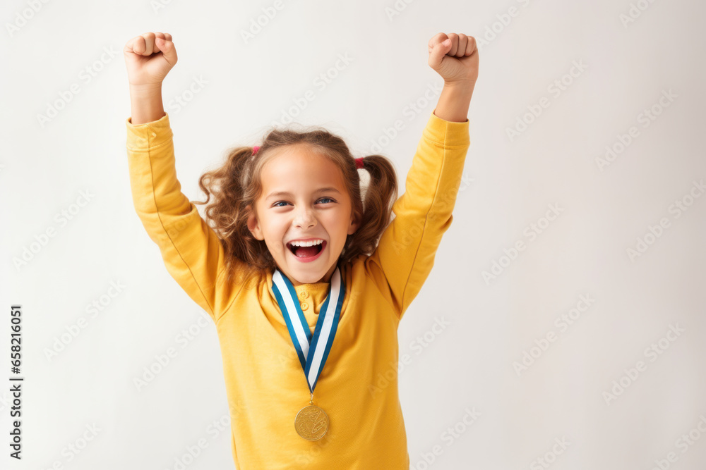 Portrait of a happy little girl with medal celebrating victory over white background - obrazy, fototapety, plakaty 