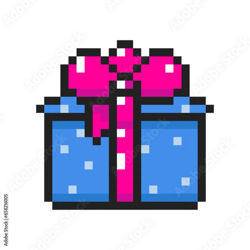 Pixel art present of gift box with bows, 8-bit present package. Pixel gift box with ribbon. Graphics for games, vector illustration in pixel art style.