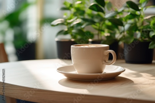 A Coffee Cup and Plant Adorn a Table in a Cozy Coffee Shop Studio Interior. © olegganko