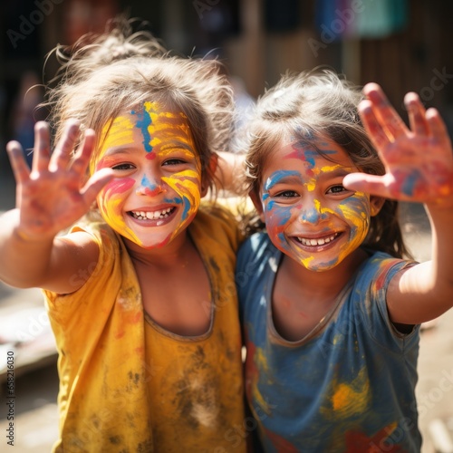 Smiling kids with painted faces and arms
