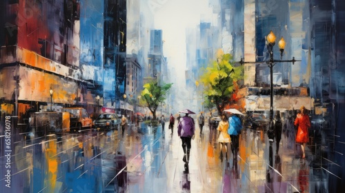 impressionist style oil painting. Bustling cityscape with bold brushstrokes and pops of color. © olegganko