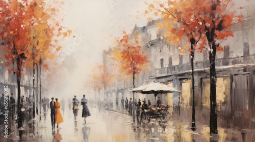 impressionist style oil painting. Bustling cityscape with bold brushstrokes a...