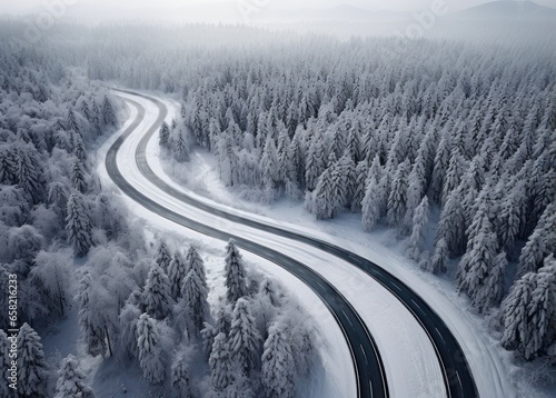 one of the roads in a winter wooded area