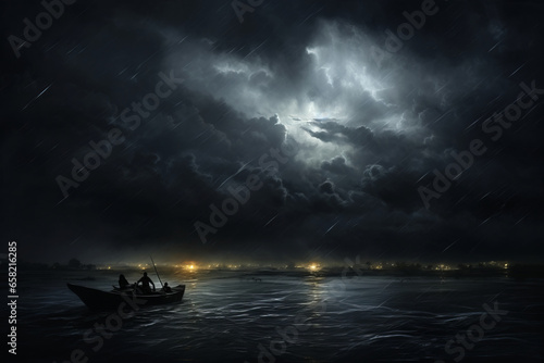 Dark sky and lightning in the sea near the shore of the town with a small fishing boat indicates the happening of heavy thunderstorm.