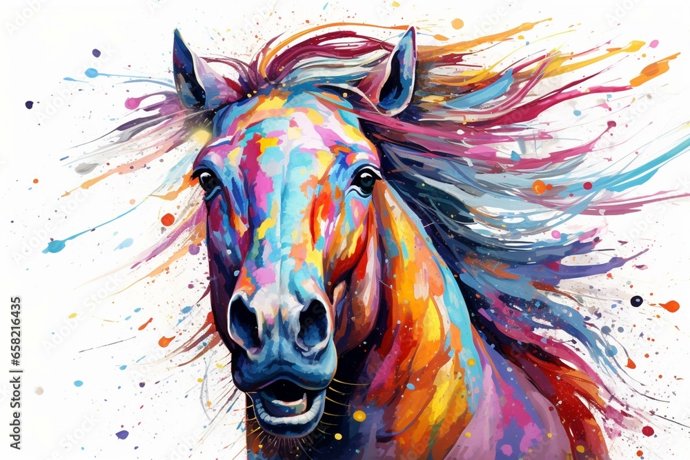 Colorful horse illustration on white background with colorful paint splatters. Generative AI