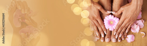 Hands  feet and double exposure  beauty with flowers and natural skincare banner on studio background. Bokeh mockup  treatment and overlay  person and eco friendly cosmetics for manicure and pedicure