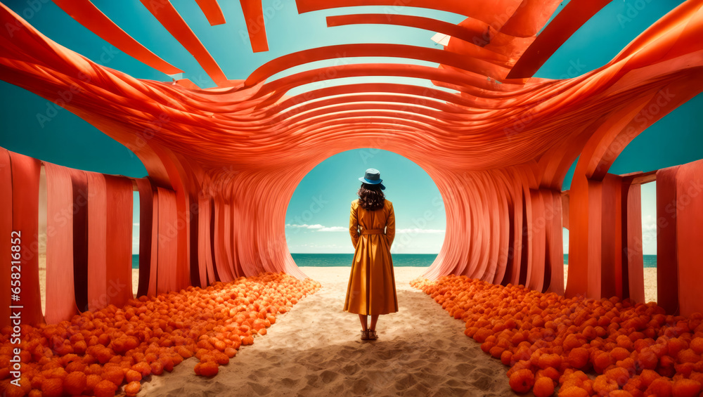 Fototapeta premium Rückansicht einer Frau in Phantastischer Umgebung, gen ai