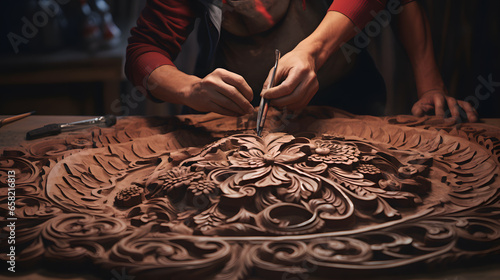 Capture the hands of a skilled artisan meticulously carving a stunning wooden masterpiece. Highlight the intricate details of craftsmanship and the transformative power of creativity. photo