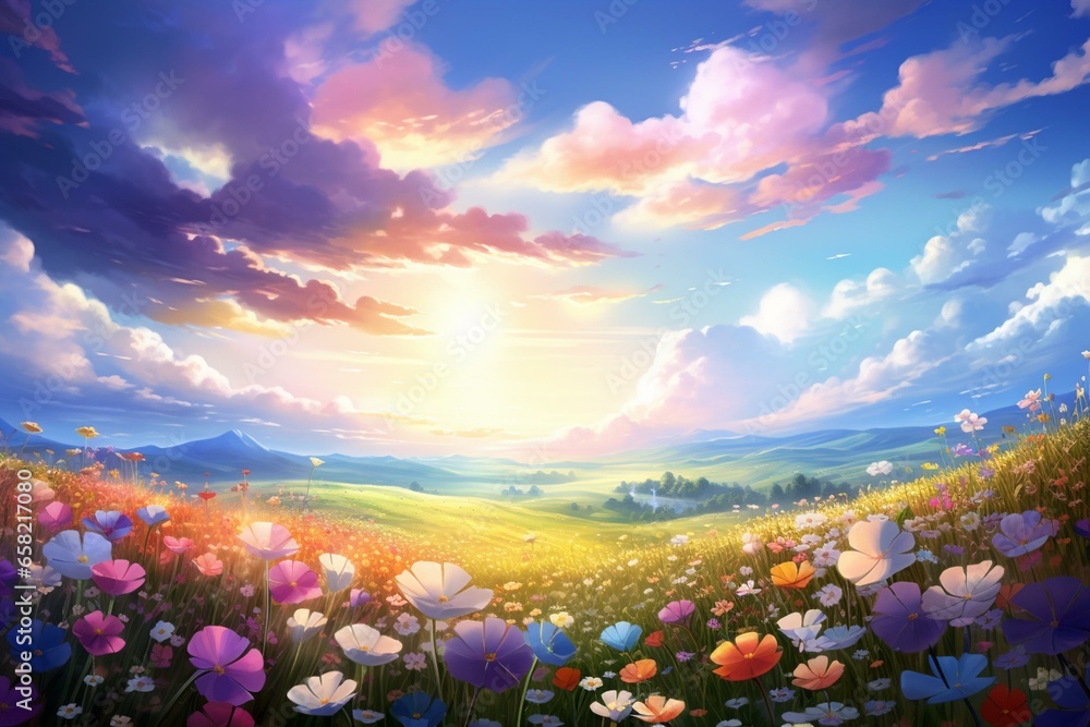Enchanting spring field with vibrant flowers and colorful anime-style sky, depicted in mesmerizing digital art. Created through 3D rendering. Generative AI