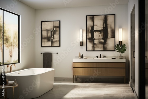 Modern bathroom with tiled walls  bronze fixtures  blank artwork  and a mockup. Generative AI
