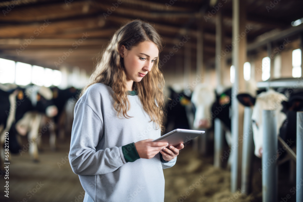 Portrait of young female farmer using digital tablet while standing in cowshed - obrazy, fototapety, plakaty 