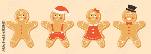 Collection of xmas gingerbread man and woman in flat style. Christmas homemade cookies and sweets. Vector illustration