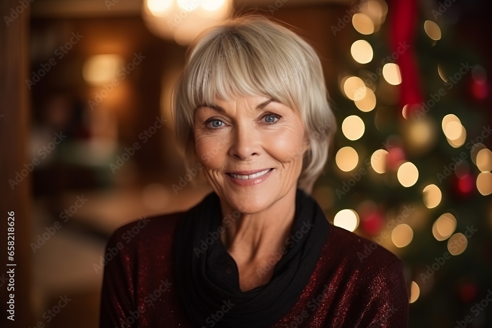 Portrait of happy senior woman in front of christmas tree. Portrait of happy senior woman in front of christmas tree.