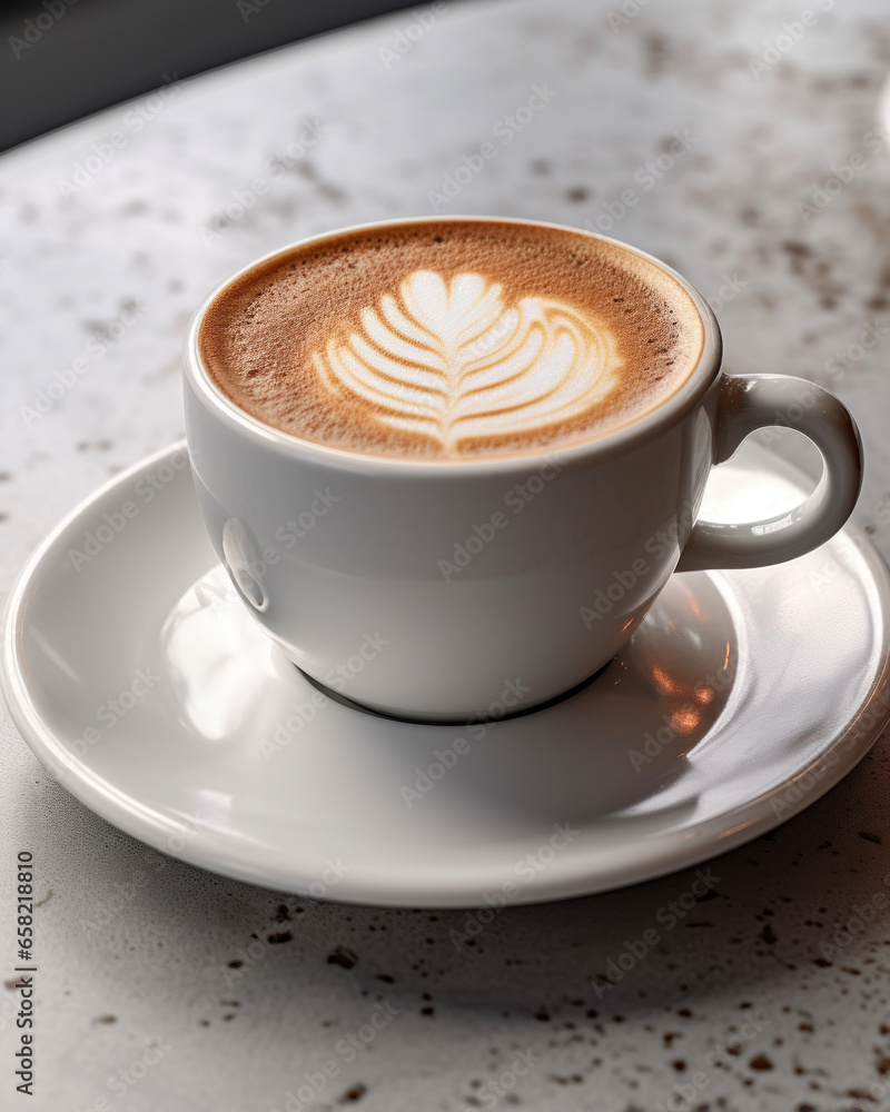 White cup of cappuccino on marble surface White cup of cappuccino on marble surface