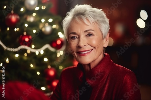 Portrait of smiling senior woman with christmas tree in background.