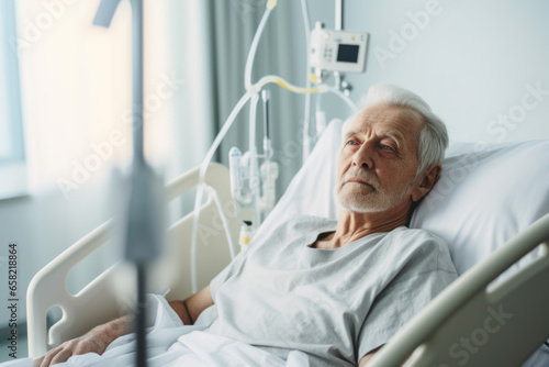 Sick senior patient lying in hospital bed photo