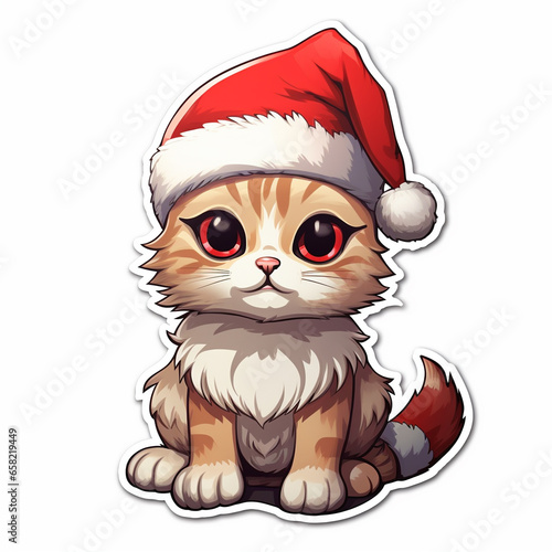 Sticker. Cute kitten in a traditional Christmas outfit. A cat in a Santa Claus costume. Kitty in a Christmas hat. Christmas design. Sticker in the form of a Christmas kitten 