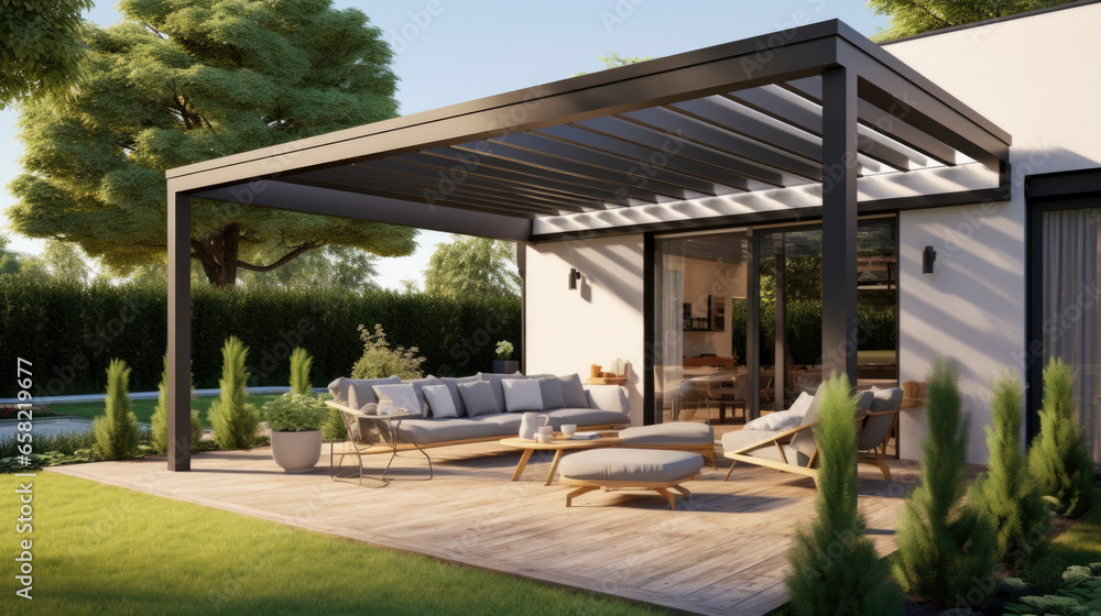 Trendy outdoor patio pergola shade structure, awning and patio roof.