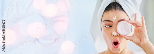 Woman, cover eye and beauty cream, skincare and wow for results or facial product on white background in double exposure. Model thinking of collagen, skin care and dermatology banner or bokeh overlay