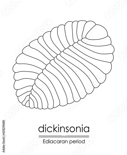 Dickinsonia, an Ediacaran period creature, black and white line art. Perfect for coloring and educational purposes.