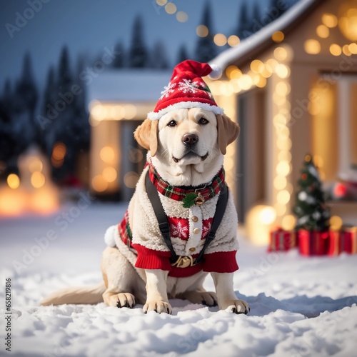 Winter Magic: Labrador Retriever's Christmas Costume Against Bokeh Scenery
