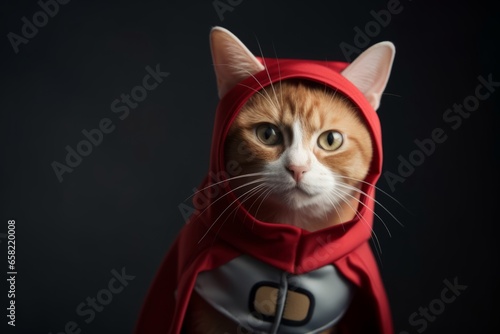 A superhero cat in a suit with a red cape on dark background © hardqor4ik