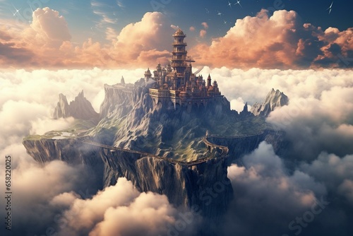 Mesmerizing dreamy fortress in the sky. Artistic representation of a surreal landscape. Generative AI