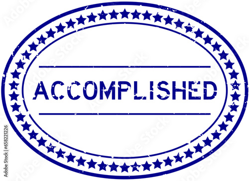 Grunge blue accomplished word oval rubber seal stamp on white background