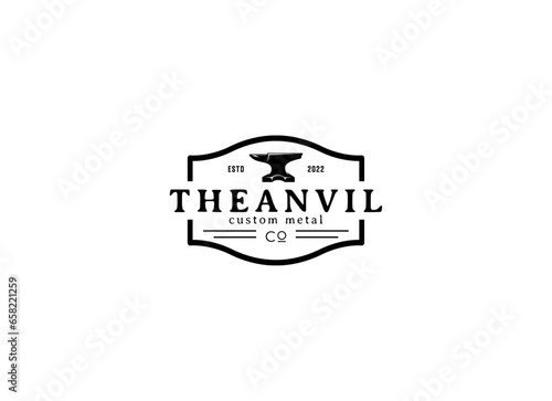 Retro anvil industrial logo. Vintage anvil ironwork logo design.