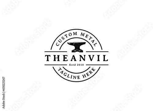 Retro anvil industrial logo. Vintage anvil ironwork logo design.