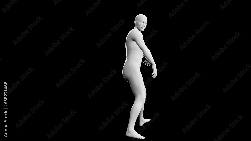 Beautiful young athletic man dancing energetically in hip hop style, isolated on black background. 3d illustration. Shiny white mannequin, android. Beautiful young athletic man dancing energetically in hip hop style, isolated on black background. 3d illustration. Shiny white mannequin, android.