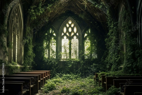 An abandoned chapel concealed by overgrown plants emits an eerie atmosphere. Generative AI