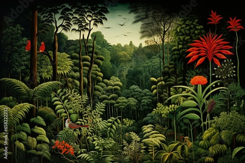 Artwork of equatorial forest by Rousseau, a former toll clerk turned artist. Generative AI photo