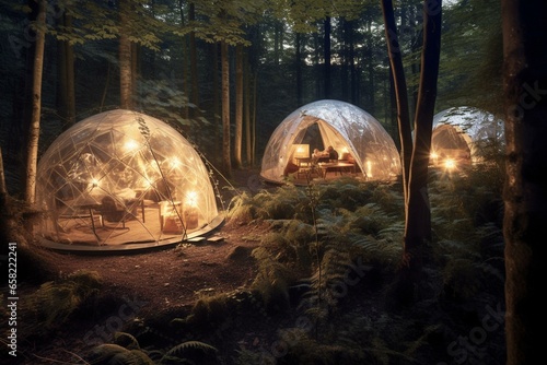 Illuminated forest campsite with modern dome for glamorous outdoor experience. Generative AI