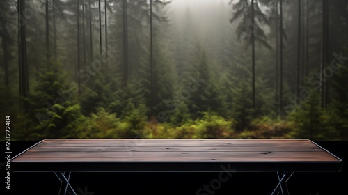 empty table top on blur forest background blurred boreal forest background view with empty rustic wooden table for mockup product display