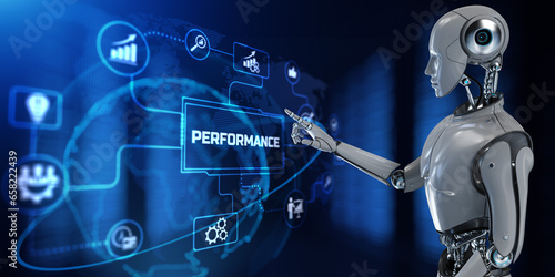 Performance Efficiency KPI Business development concept. Robot pressing button on screen 3d render.