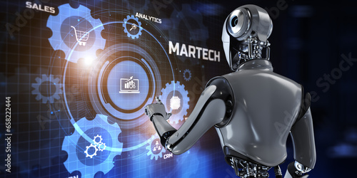 Martech Digital marketing automation technology concept. Robot pressing button on screen 3d render. photo