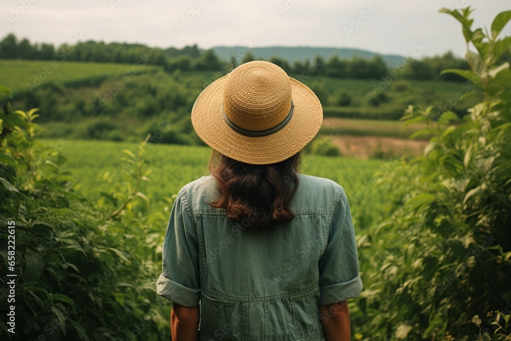 A serene view of someone from behind, wearing a straw hat and overalls, standing amidst lush green fields, evoking a sense of peaceful solitude and connection with nature.