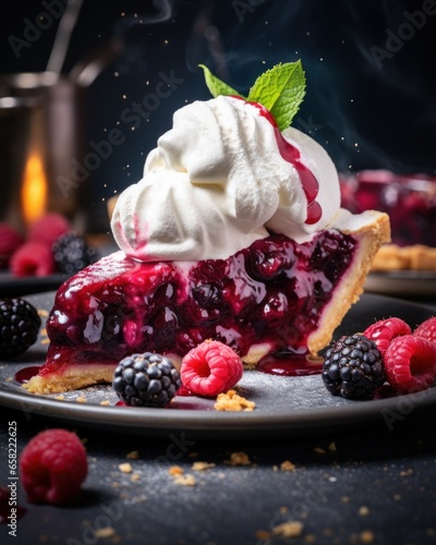 A Slice of Delicious Cherry and Blackberry Pie with Whipped Cream. Generative AI. photo